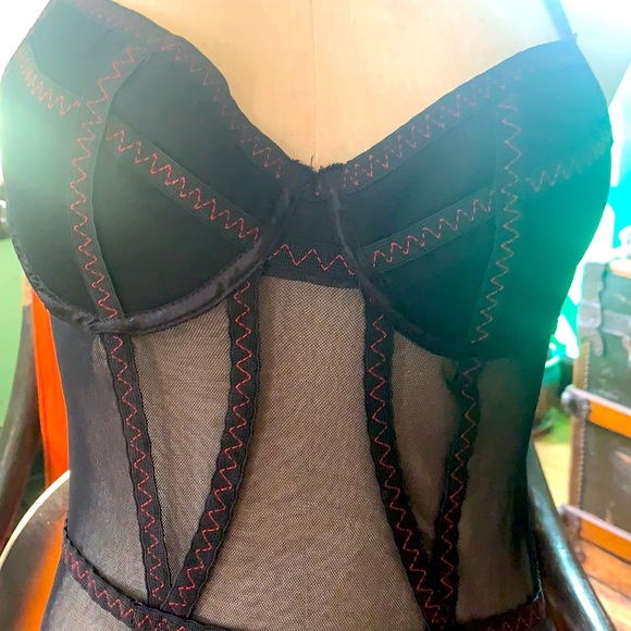 Black Mesh and Red Stitching Bodysuit - Picture 2 of 6